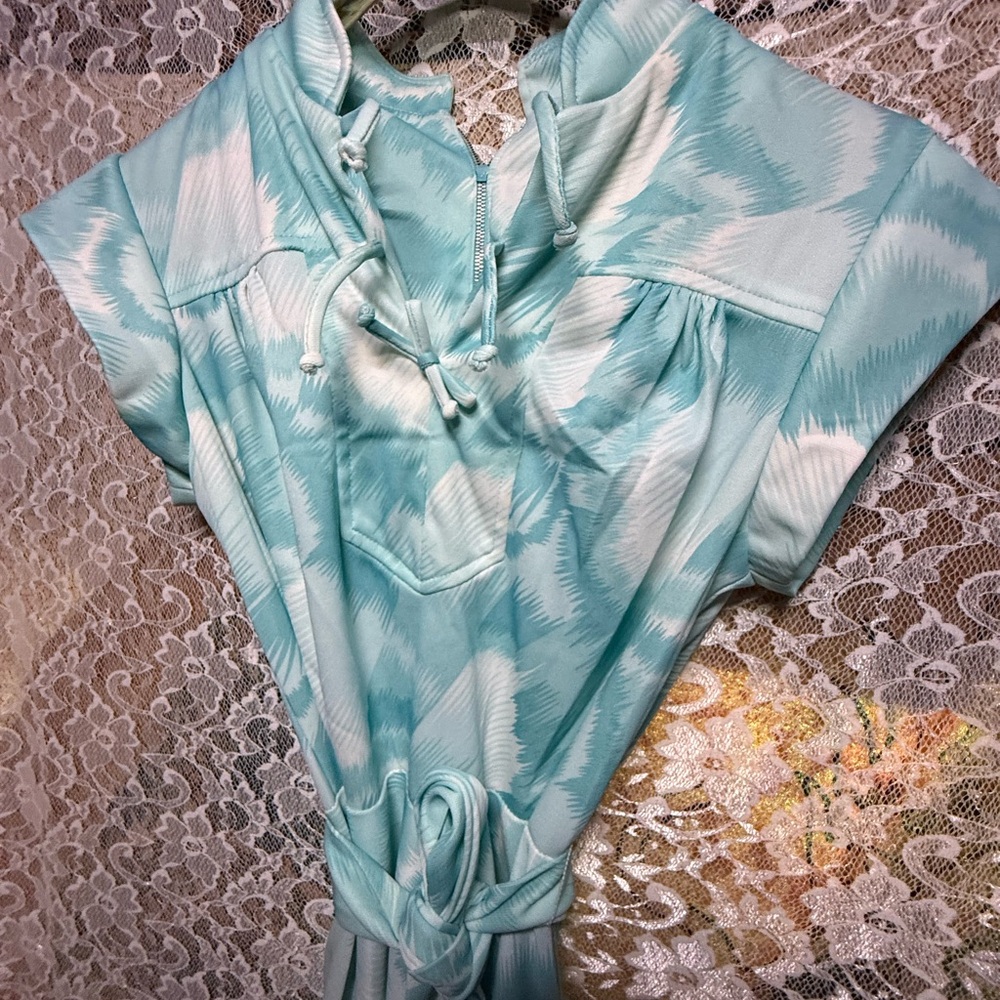 Vintage Blue and White Midi Dress 70s small